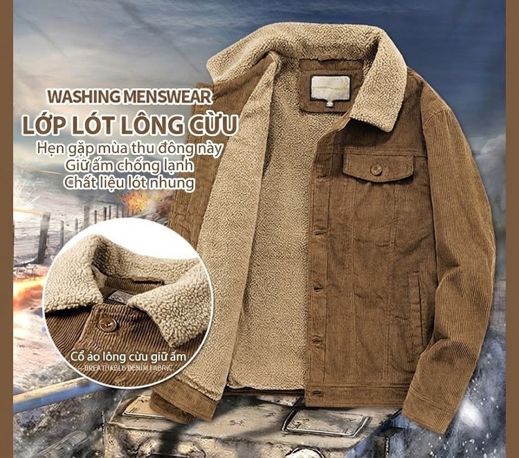 Áo Khoác Bông Nam Dáng Rộng Lót Lông Cừu Non Vải Corduroy Dày Dặn Giữ Ấm Màu Nâu, Đen, Xám Xanh chi tiết 2