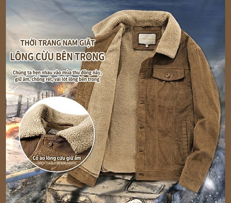 Áo Khoác Nam Cotton Lót Lông Cổ Bẻ Dáng Rộng Giữ Ấm Màu Xám, Nâu, Đen chi tiết 3