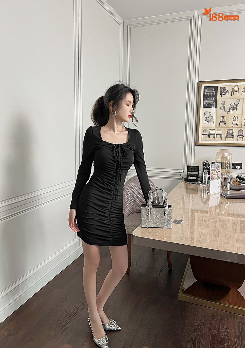 Váy Ôm Body Nữ Dài Tay Cổ chữ Vuông Dây Rút Nhún Bèo Gợi Cảm Màu Đen chi tiết 13