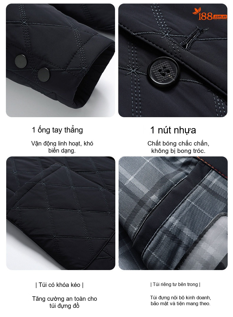 Áo Khoác Bông Nam Trung Niên Dáng Vừa Vải Cotton Lót Lụa Tằm Màu Xanh Navy chi tiết 13