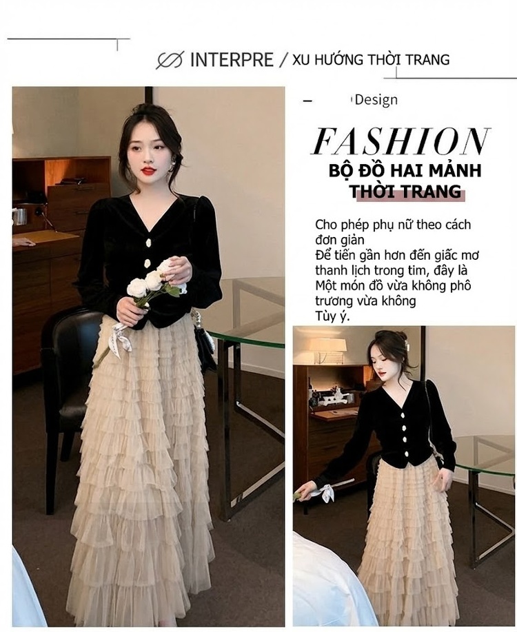 Set Áo Nhung Tay Dài Cổ chữ V Chân Váy Bánh Bèo Dáng Dài Nữ Tính Màu Đen, Kem chi tiết 2