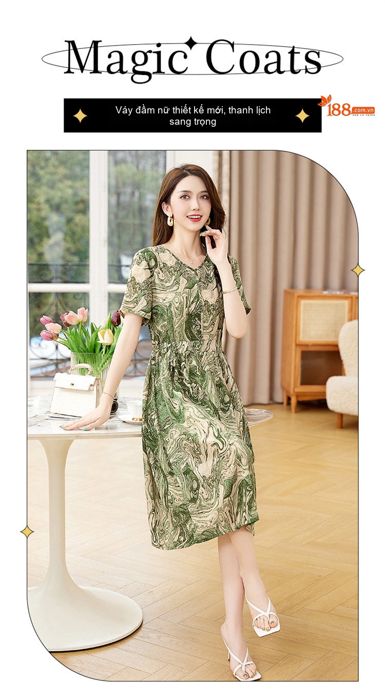 Váy liền thân Nữ In Họa Tiết Cổ chữ V, dáng chữ A, Eo Điều Chỉnh Được, Mềm Mại Thoải Mái Màu Xám, Xanh chi tiết 2