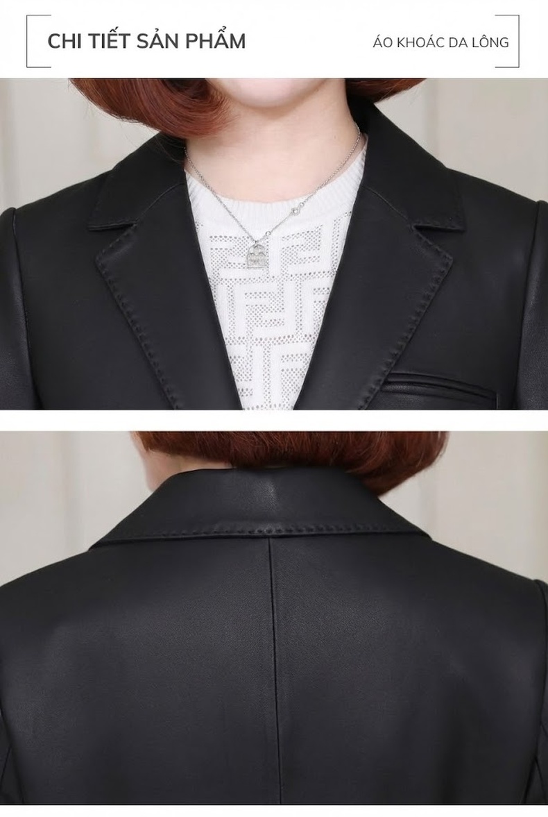 Áo Khoác Blazer Nữ Da Cừu Thật Dáng Ngắn Màu Đen chi tiết 11
