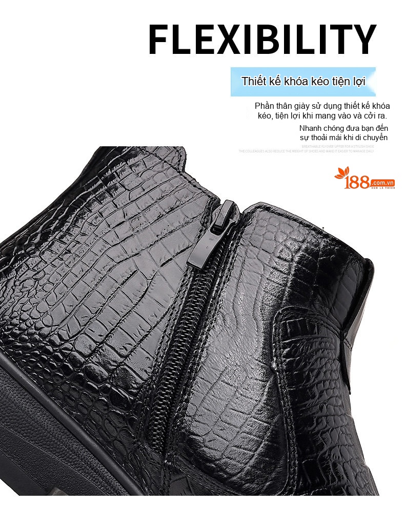 Boot Nam Da Thật Vân Cá Sấu Lót Lông Chiều Cao Đế Khoảng 3cm Màu Đen chi tiết 11
