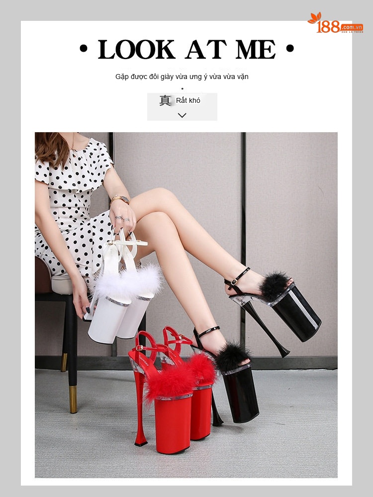 Giày Sandal Cao Gót Nữ Quai Ngang Đính Lông Gót Cao 26cm Màu Đen, Trắng, Đỏ chi tiết 1