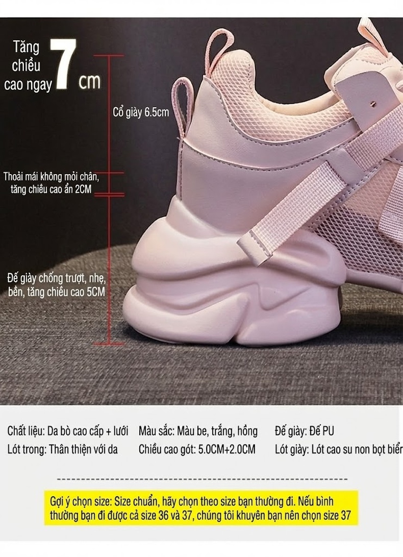 Giày Sneaker Nữ Da Mềm Đế Dày Phong Cách Ulzzang Chiều Cao Đế Khoảng 5cm Màu Trắng, Kem, Hồng chi tiết 8