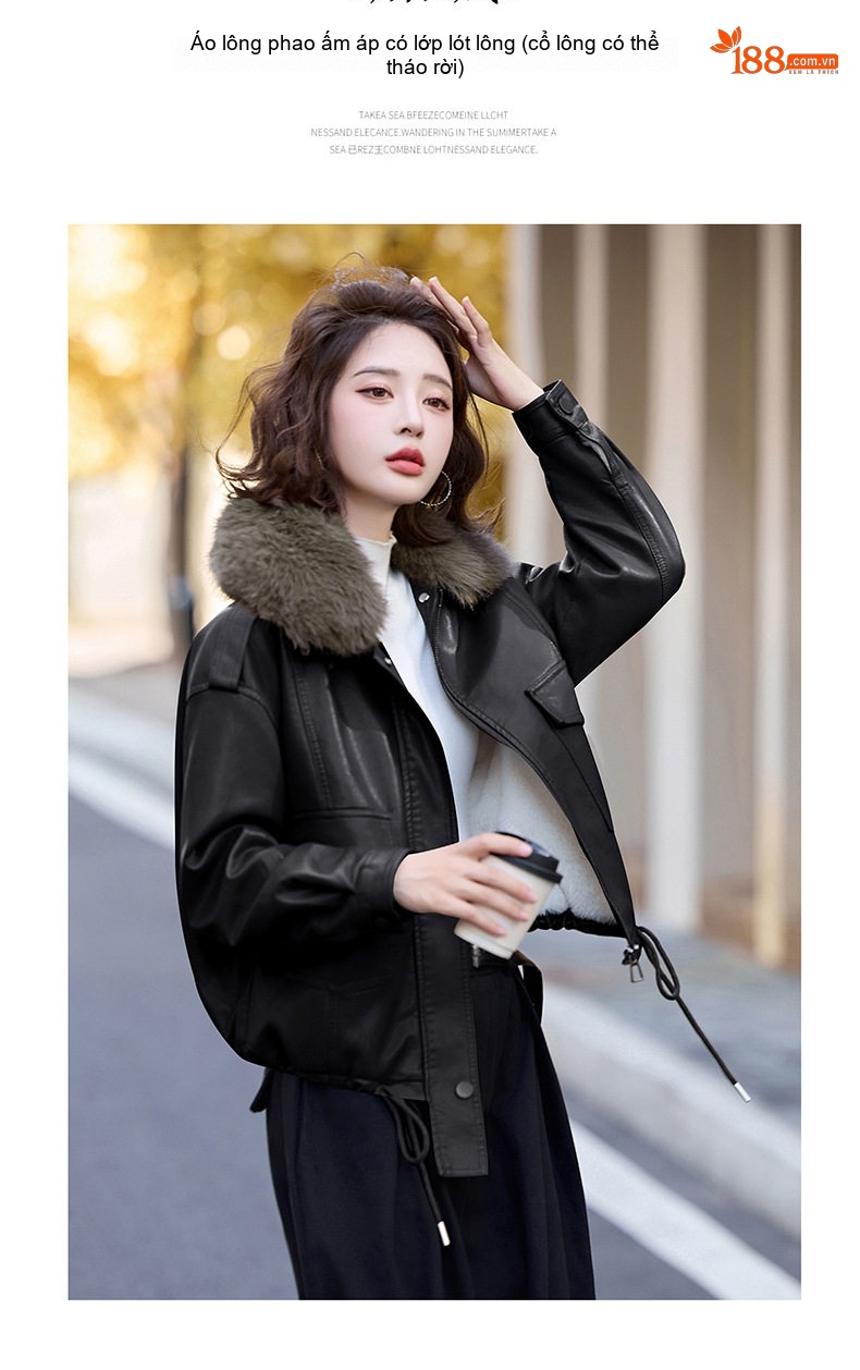 Áo Khoác Da PU Nữ Cổ Lông Dày Dặn Lót Lông Kiểu Bomber Màu Đen, Nâu chi tiết 2
