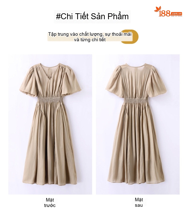 Váy Dài Nữ Cổ chữ V Thun Eo, Tay Ngắn, Xòe Lớn Phong Cách Hàn Quốc Màu Nâu, Xanh Olive chi tiết 28