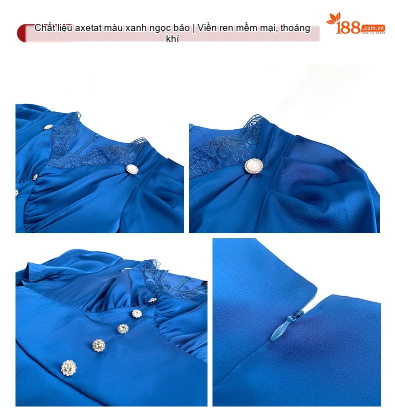Đầm Ôm Body Cổ chữ V Ren Tay Ngắn Phong Cách Hepburn Màu Đen, Xanh chi tiết 5