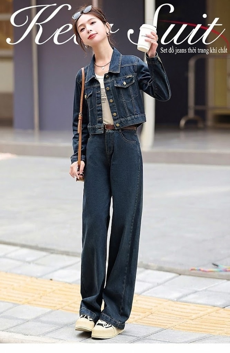 Set Bộ Quần Áo Nữ Jean/Denim Áo Khoác Lửng Quần Ống Rộng Phong Cách Hàn Quốc Màu Xanh Navy chi tiết 1