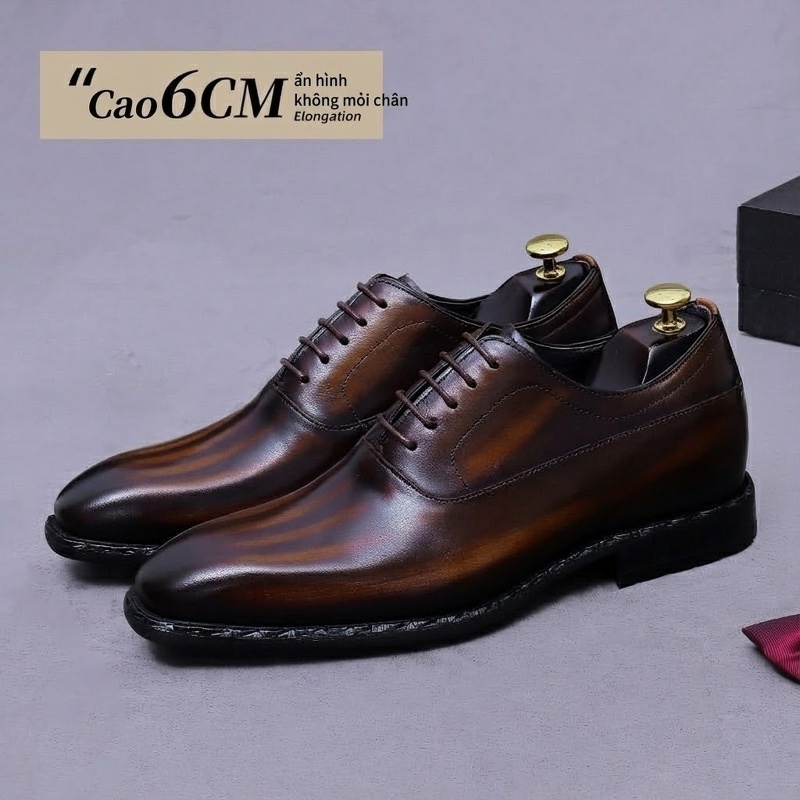 Giày Tây Buộc Dây Nam Da Bò Chiều Cao Đế 6cm Màu Đen, Nâu