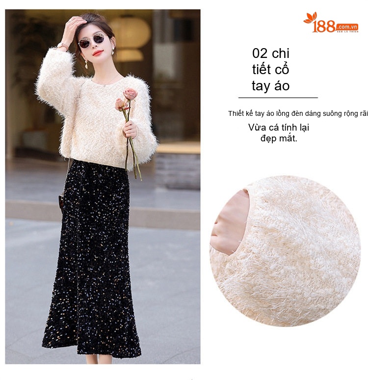 Set Áo Lông Dài Tay và Chân Váy Midi Lấp Lánh Phong Cách Tiểu Thư Màu Trắng, Đen chi tiết 7