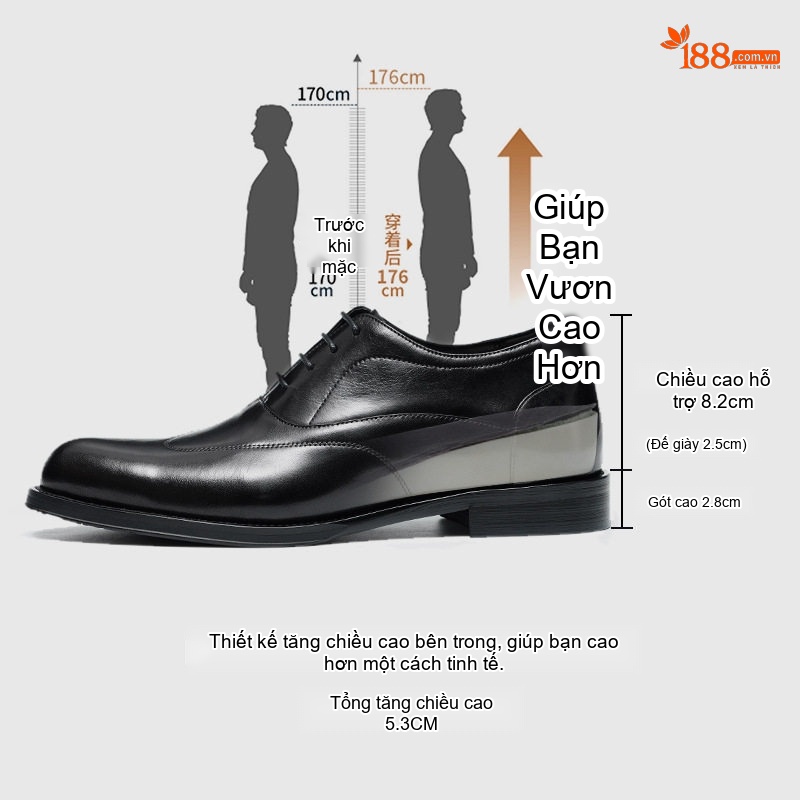Giày Tây Buộc Dây Nam Da Thật Tăng Chiều Cao 5.3cm Màu Đen