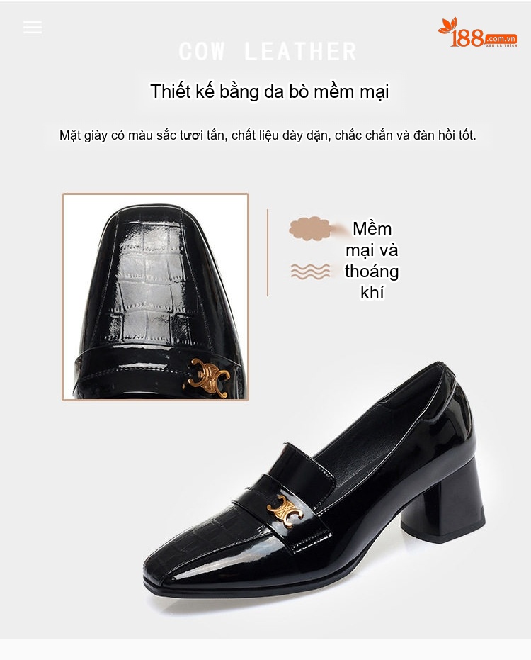 Giày Búp Bê Nữ Da Bò Mũi Vuông Chiều Cao Đế Khoảng 5cm Màu Đen, Kem chi tiết 3