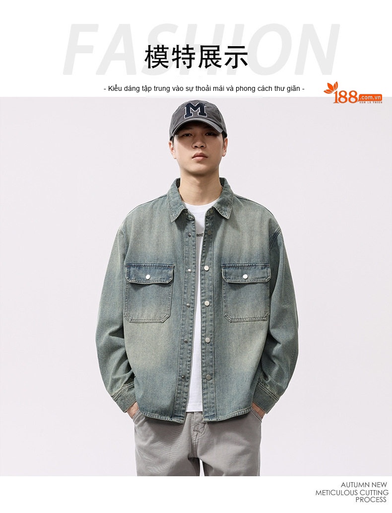 Áo Sơ Mi/Áo Khoác Jean Nam Cổ Bẻ Tay Dài Phong Cách Retro Màu Xanh Jean chi tiết 6