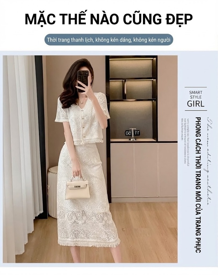 Set Bộ Áo Ren Cộc Tay Và Chân Váy Dáng Dài Đi Biển Phong Cách Pháp Màu Trắng chi tiết 4