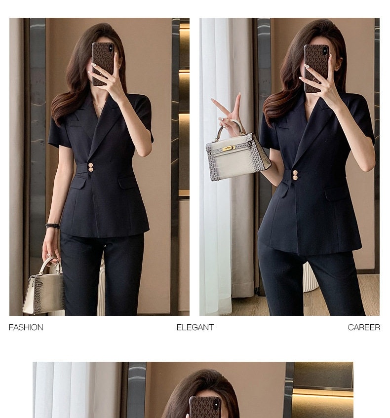 Bộ Vest Công Sở Nữ Tay Ngắn Áo Blazer Quần/Chân Váy Màu Xám, Đen, Xanh Dương chi tiết 25