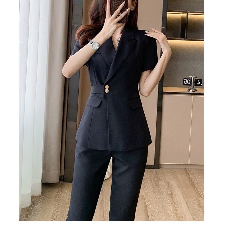 Bộ Vest Công Sở Nữ Tay Ngắn Áo Blazer Quần/Chân Váy Màu Xám, Đen, Xanh Dương chi tiết 26