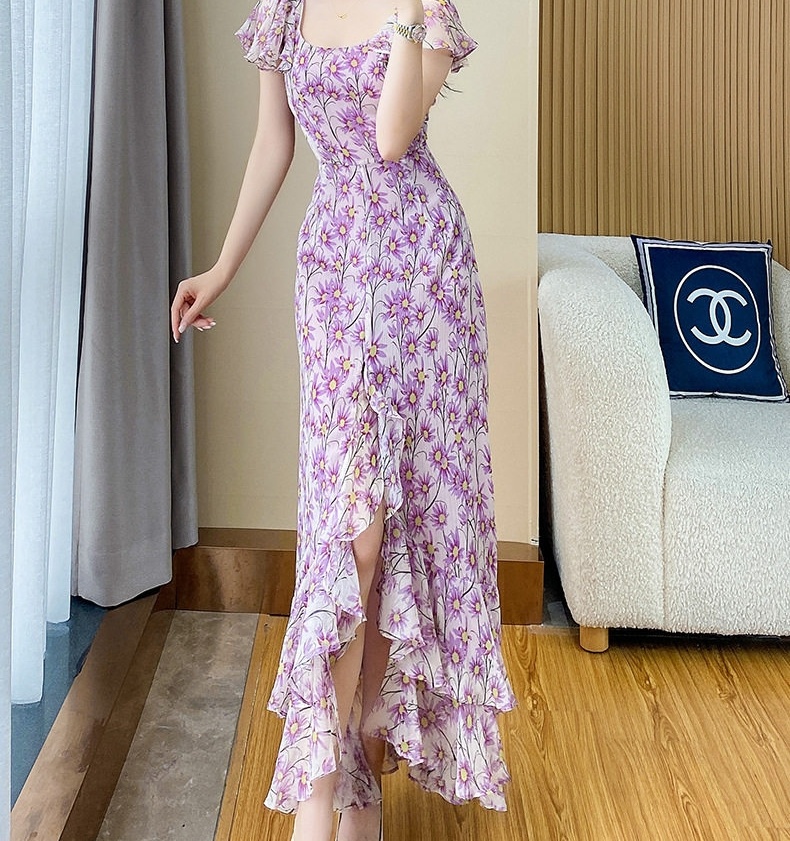 Váy liền thân Nữ Hoa Nhí Bèo Nhún Dáng Dài Xẻ Tà Chất Liệu Voan Màu Tím chi tiết 6