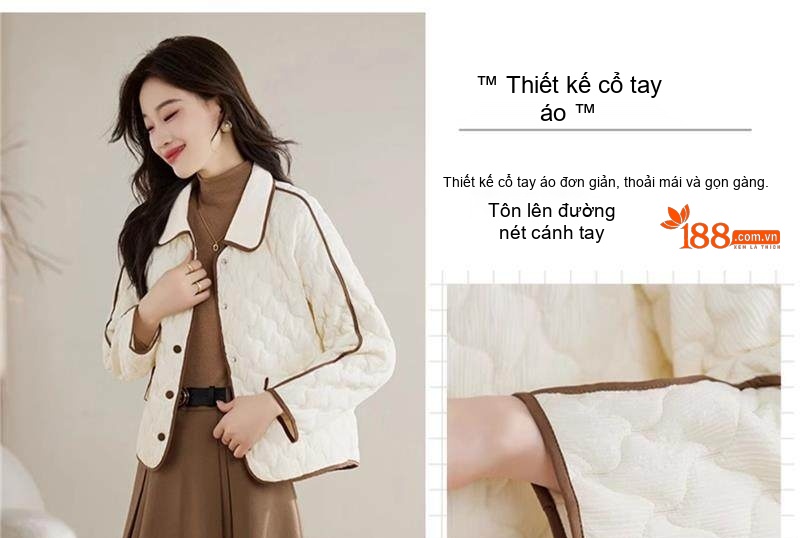 Áo Khoác Bông Trám Viền Nữ Dáng Ngắn Nhẹ Cổ Bẻ Màu Xanh Olive, Trắng, Đen chi tiết 9
