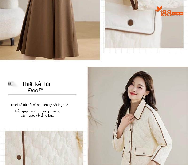 Áo Khoác Bông Trám Viền Nữ Dáng Ngắn Nhẹ Cổ Bẻ Màu Xanh Olive, Trắng, Đen chi tiết 10