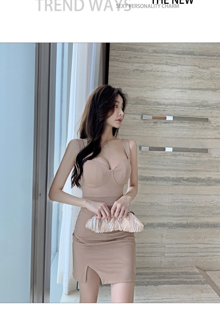 Váy Đầm Hai Dây Nữ Cổ chữ V Sâu Hở Lưng Xẻ Tà Ôm Body Gợi Cảm Màu Nâu, Đen, Trắng chi tiết 2