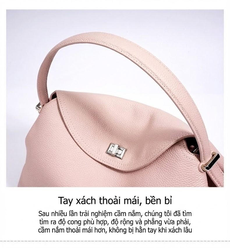 Túi Xách Tay Nữ Da Bò Thiết Kế Tối Giản Thời Trang Màu Đen, Hồng, Nâu chi tiết 11