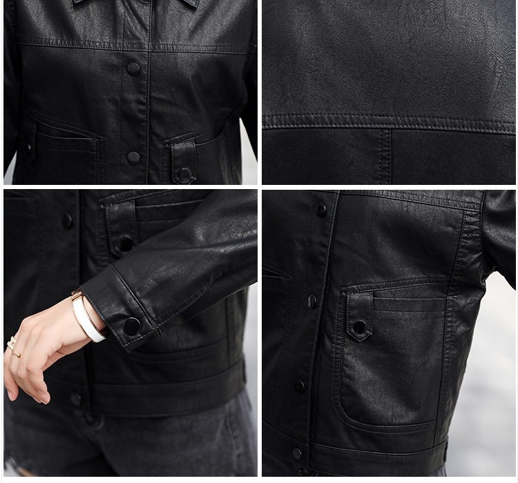 Áo Khoác Da Thật Nữ Kiểu Bomber Ngắn Màu Đen, Nâu chi tiết 4