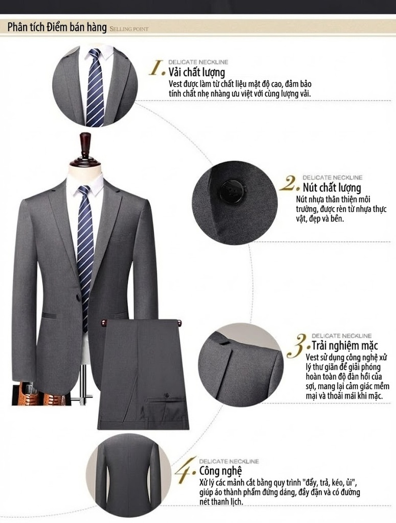 Bộ Vest Nam 2 Món Một Nút Áo Phong Cách Công Sở, Lịch Lãm Màu Đen, Xám chi tiết 3