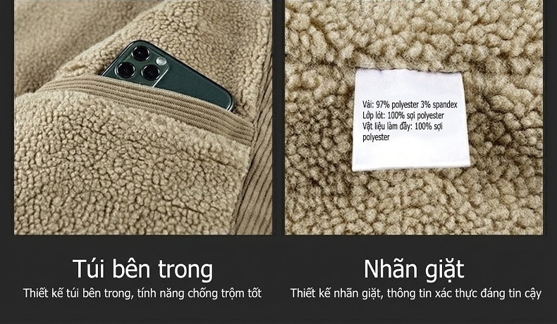 Áo Khoác Nam Vải Đũi Lót Lông Dày Dặn Cổ Lông Màu Nâu, Xám, Be chi tiết 22