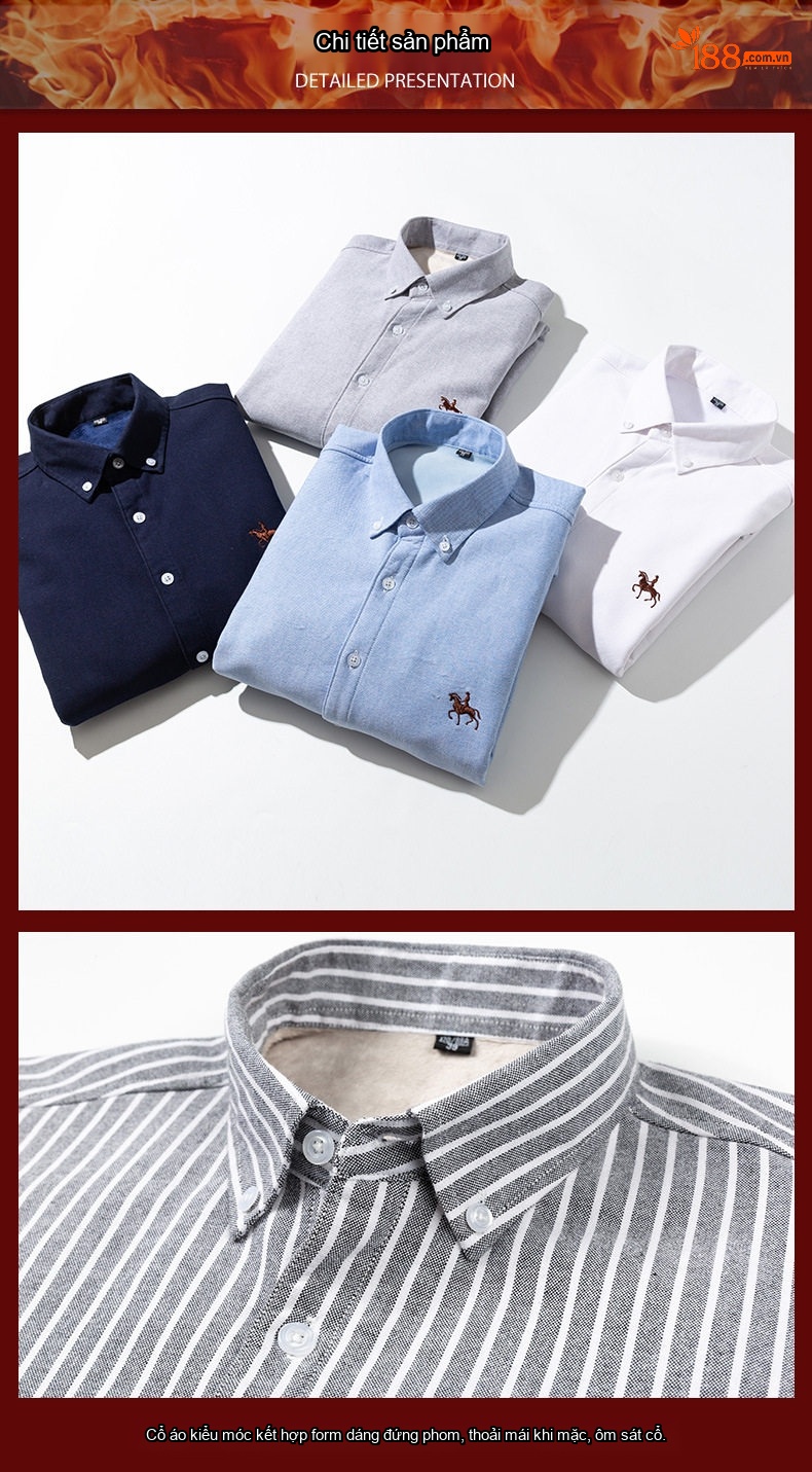 Áo Sơ Mi Dài Tay Nam Cotton Oxford Lót Lông Dày Dặn Giữ Ấm Màu Trắng, Hồng, Xanh Dương, Xám... chi tiết 16