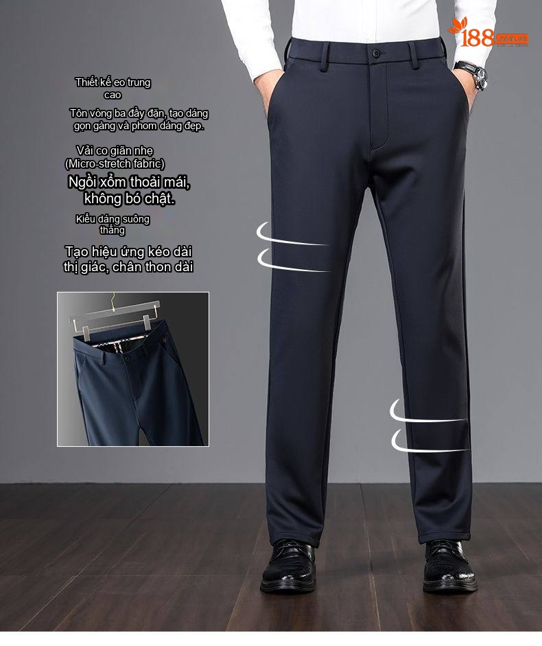 Quần Tây Nam Ống Đứng Lụa Tằm Cao Cấp Co Giãn Màu Đen, Xanh Navy chi tiết 16