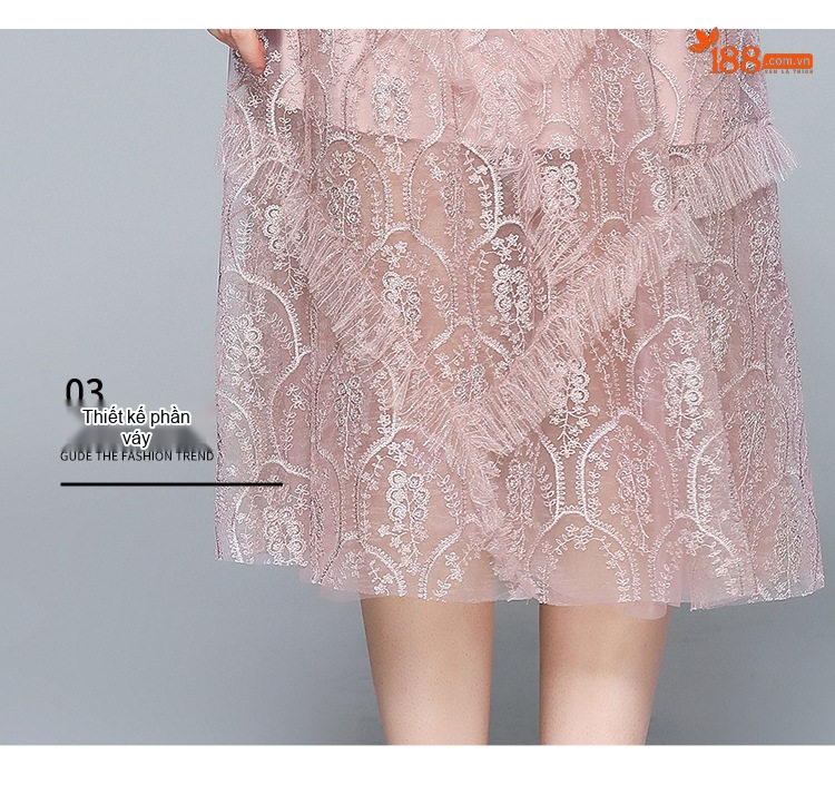 Váy Ren Thêu Nặng Cổ Bẻ Đính Nút Kim Cương Eo Cao Dáng Xòe Nữ Tính chi tiết 10
