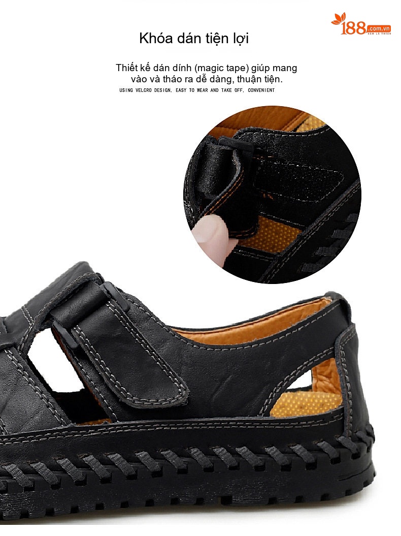 Dép Sandal Nam Da Thật Thủ Công Quai Dán Thoáng Khí Chiều Cao Đế Khoảng 2cm Màu Nâu, Đen chi tiết 11