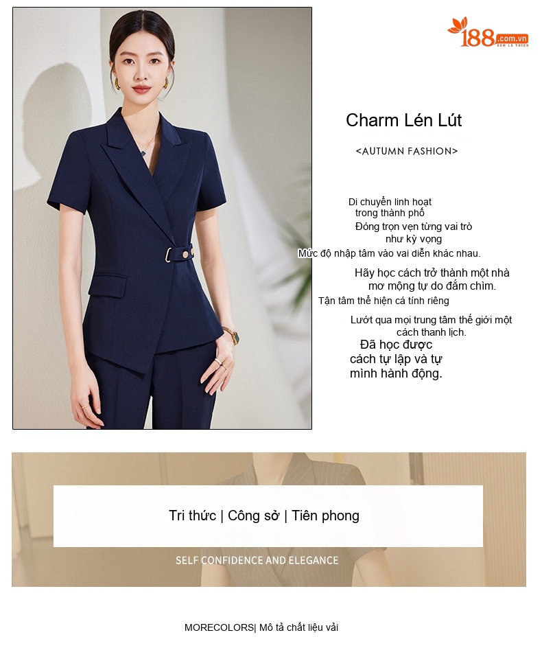 Bộ Vest Nữ Tay Ngắn Quần Dài Công Sở Thanh Lịch Màu Xám, Kem, Đen, Xanh Navy chi tiết 3