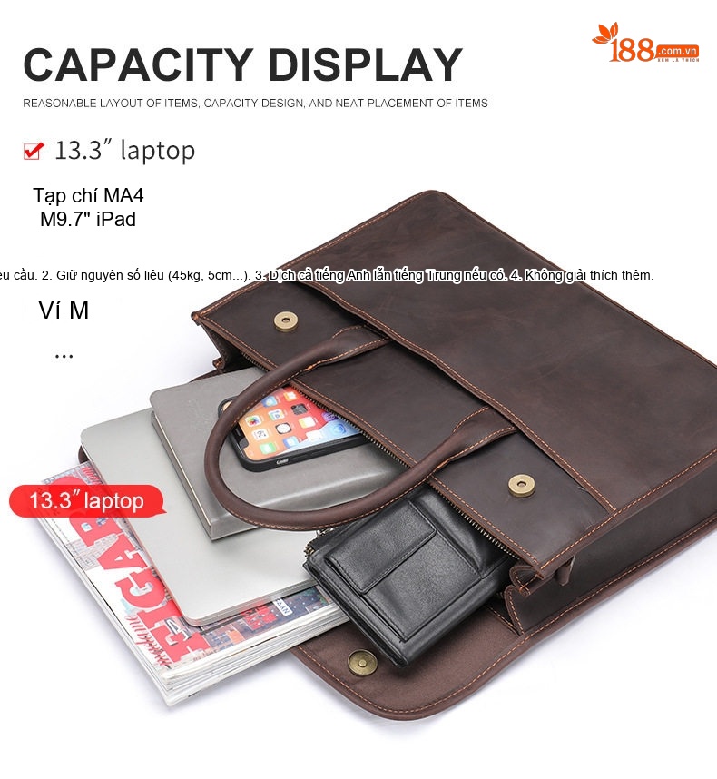 Túi Đeo Vai Nam Da Bò Crazy Horse Đựng Laptop Công Sở Màu Nâu Đậm, Nâu Vàng chi tiết 13