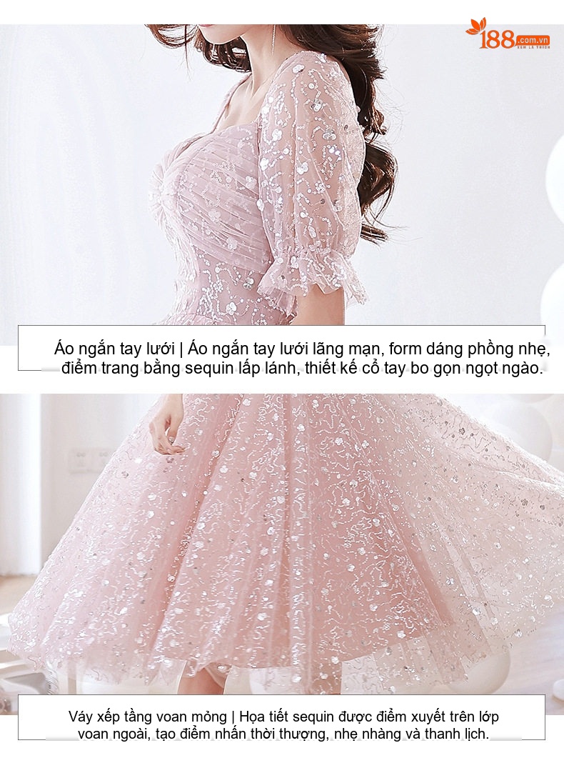 Váy Dự Tiệc Nữ Tay Lỡ Dáng Xòe Màu Hồng chi tiết 16