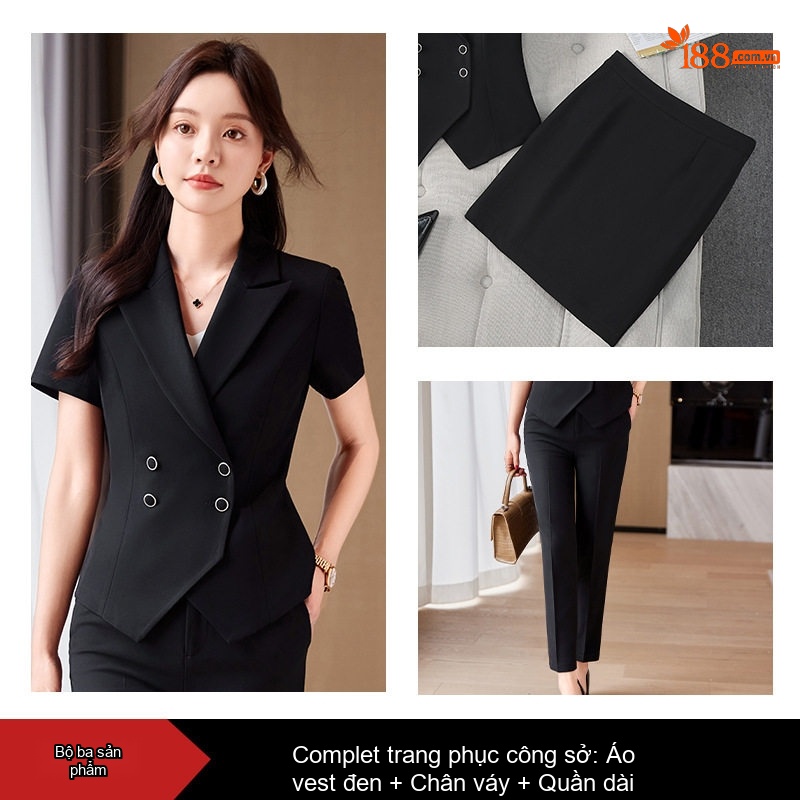 Bộ Vest Công Sở Nữ Tay Ngắn Quần Dài Màu Đen, Xám