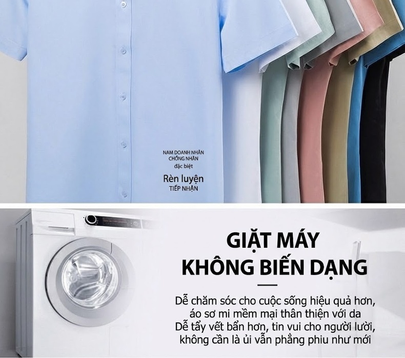 Áo Sơ Mi Nam Tay Ngắn Cotton Chống Nhăn Cao Cấp Màu Trắng, Xanh, Xám, Hồng chi tiết 17