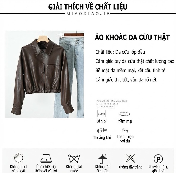 Áo Khoác Da Thật Nữ Cổ Bẻ Túi Ngực Dáng Ngắn Màu Nâu chi tiết 1