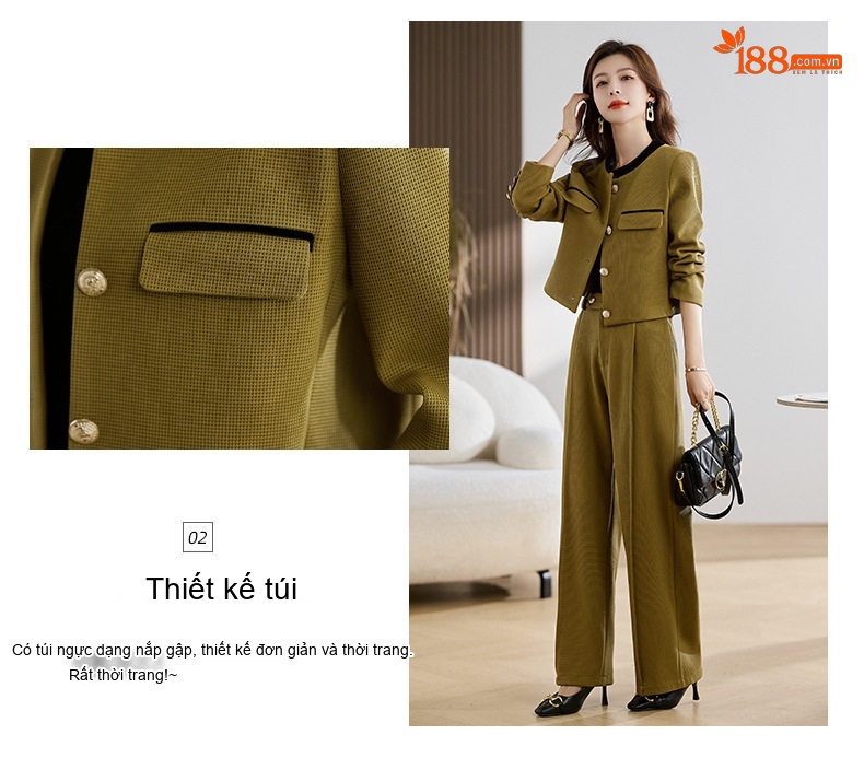 Bộ Vest Nữ Quần Ống Rộng Công Sở Thanh Lịch Màu Đen, Xanh Rêu, Nâu chi tiết 6