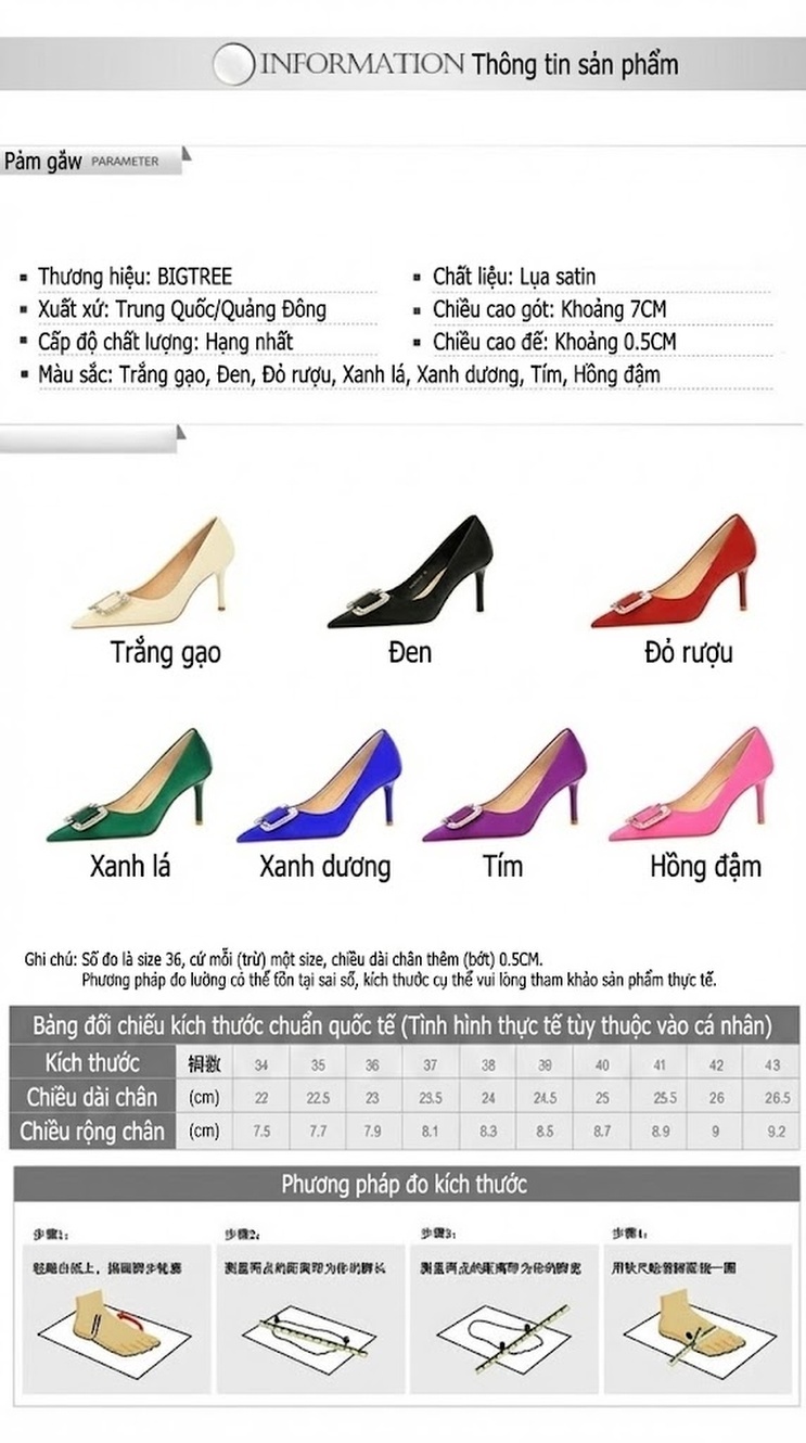 Giày Cao Gót Nữ Mũi Nhọn Gót Nhọn Chiều Cao Đế Khoảng 7cm Đính Đá Màu Đen, Đỏ, Kem, Xanh Lá... chi tiết 1