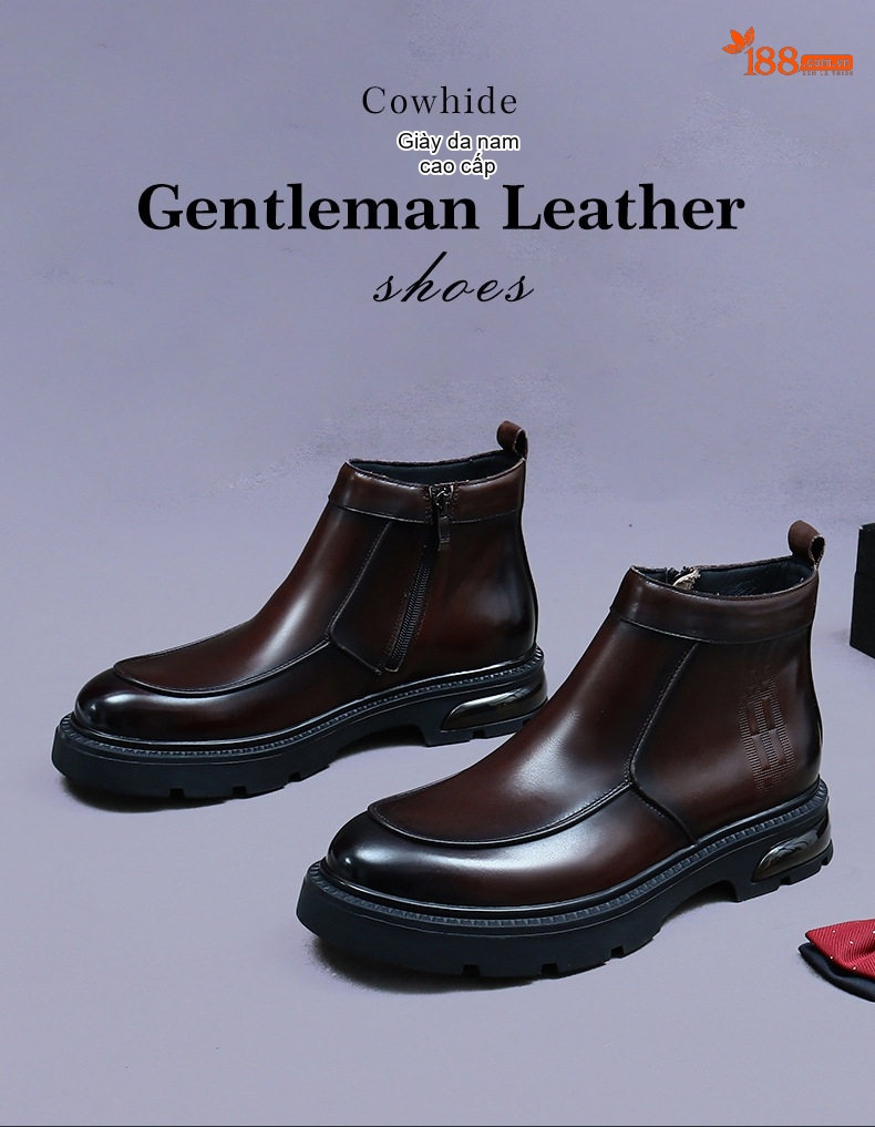 Boot Martin Nam Da Bò Khóa Kéo Chiều Cao Đế Khoảng 4cm Phong Cách Anh Màu Đen, Nâu chi tiết 1