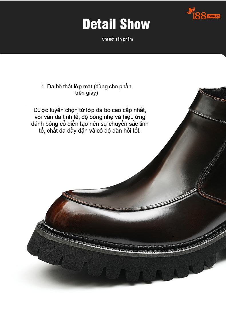 Boot Nam Cổ Cao Da Bóng Khóa Kéo Phong Cách Anh Quốc Chiều Cao Đế Khoảng 4cm Màu Đen chi tiết 7