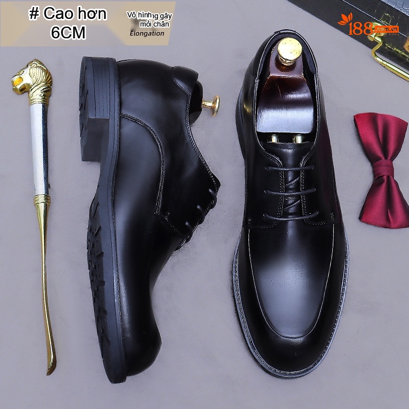 Giày Tây Buộc Dây Nam Da Bò Chiều Cao Đế 6cm Phong Cách Anh Quốc Màu Đen, Nâu