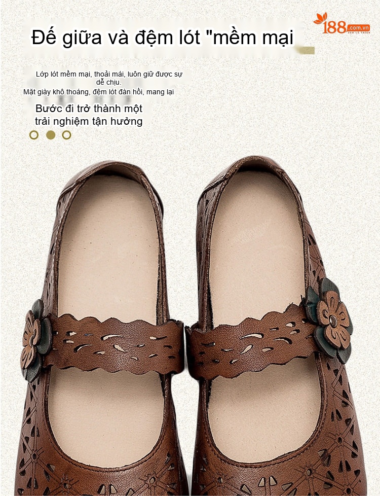 Dép Sandal Nữ Da Bò Lười Xỏ Ngón Lưới Thoáng Khí Đế Cao 3cm - 4cm Màu Nâu, Kem chi tiết 6