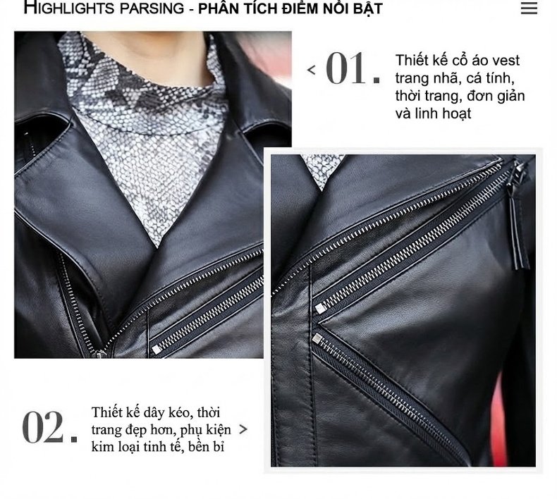 Áo Khoác Da Cừu Nữ Kiểu Moto Ngắn Ôm Dáng Màu Đen chi tiết 4
