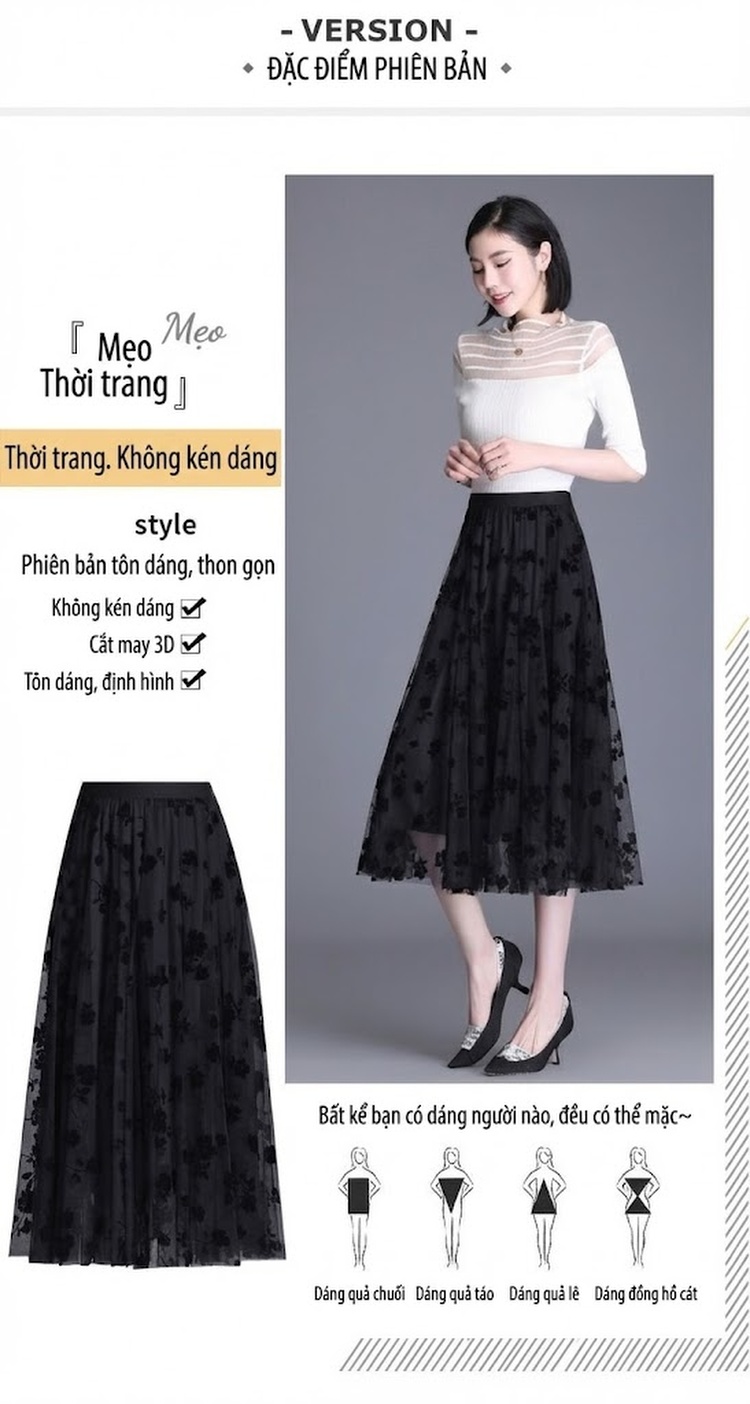 Chân Váy Voan Xếp Ly Nữ Lưng Cao dáng chữ A In Họa Tiết Hoa Lá Phong Cách Hàn Quốc Màu Đen, Trắng, Be chi tiết 3