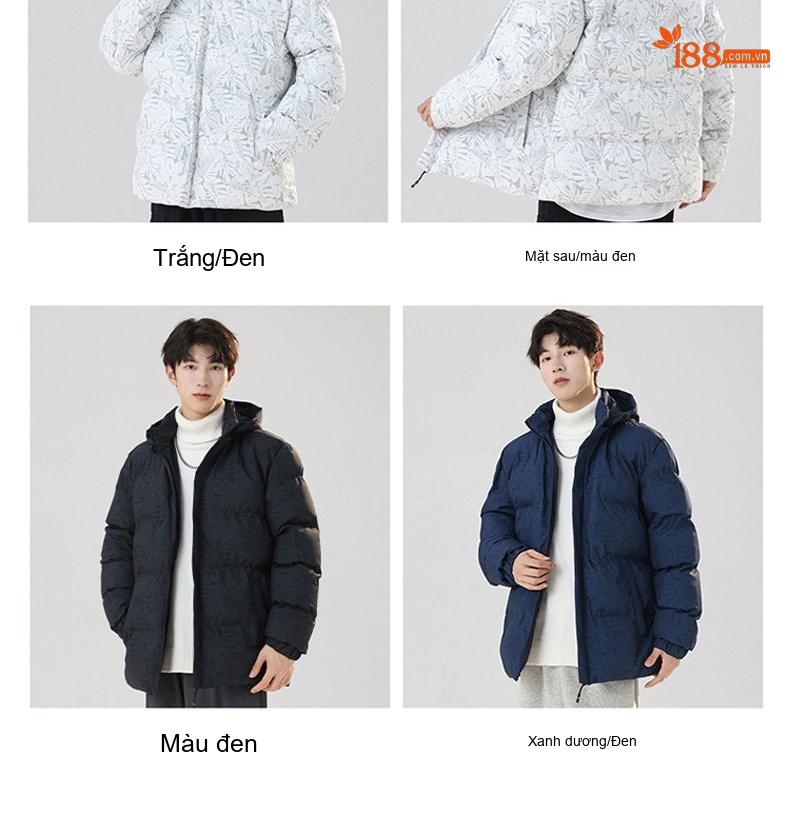 Áo Khoác Phao Nam Cotton Có Mũ Trùm Đầu Kiểu Hàn Quốc Màu Trắng, Đen, Xanh Navy chi tiết 6