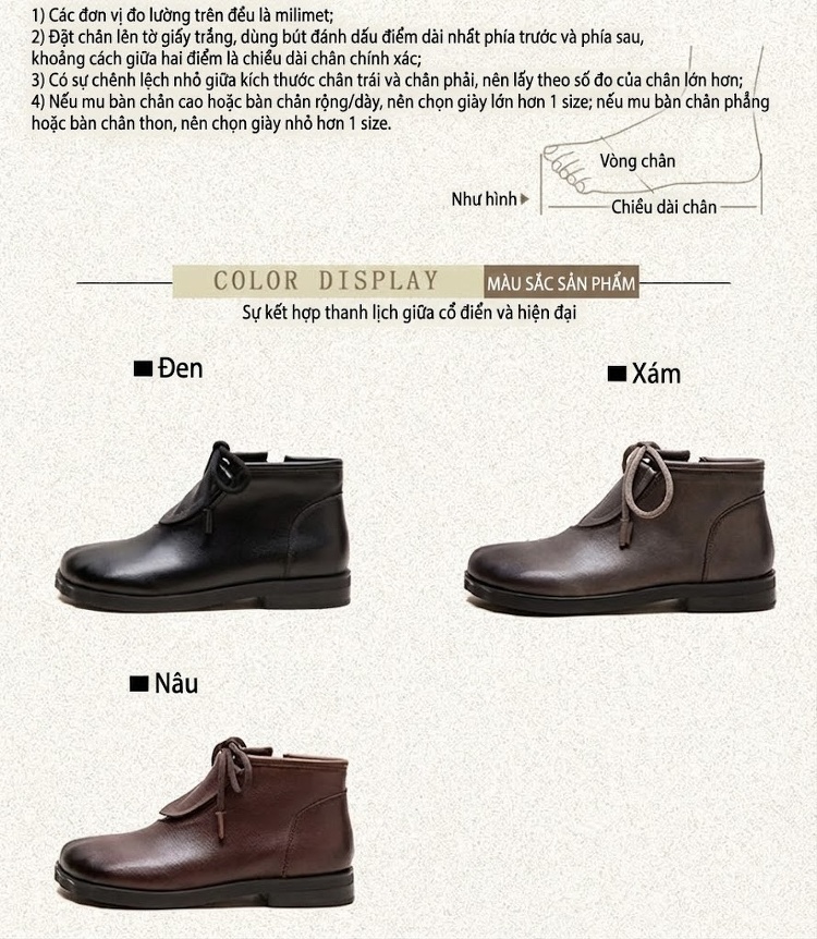 Boot Nữ Cổ Ngắn Da Thật Thắt Dây Chiều Cao Đế Khoảng 2cm Màu Đen, Nâu, Xám chi tiết 3